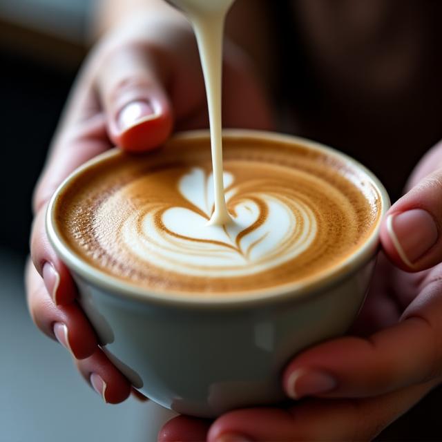 A close-up of a barista's hands carefully pouring intricate latte art.