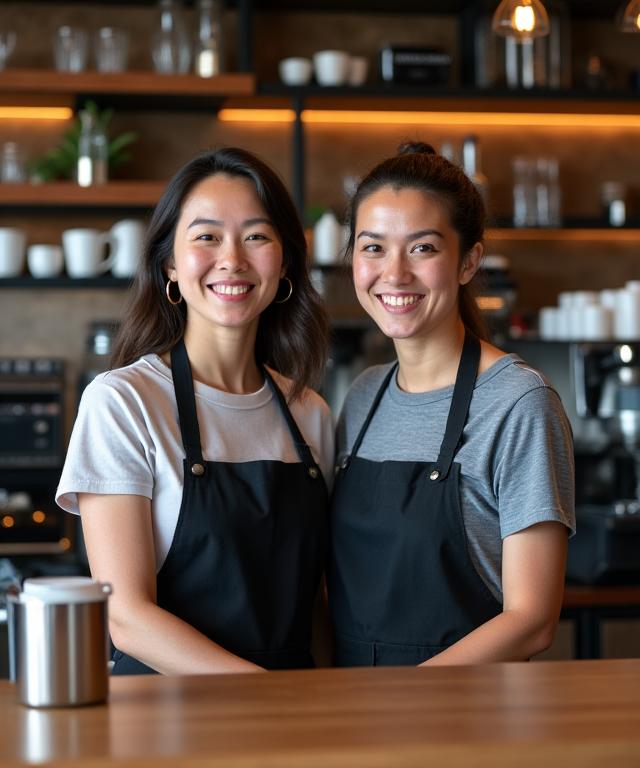 A friendly portrait of the founders of Brewhaven Collective behind the coffee counter.