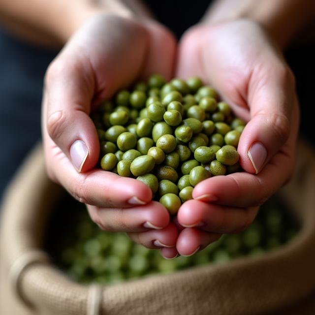 A close-up of a hand holding fresh, green coffee beans in a burlap sack.
