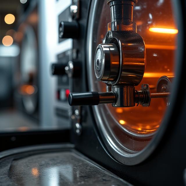 A shot of a gleaming coffee roasting machine in action.