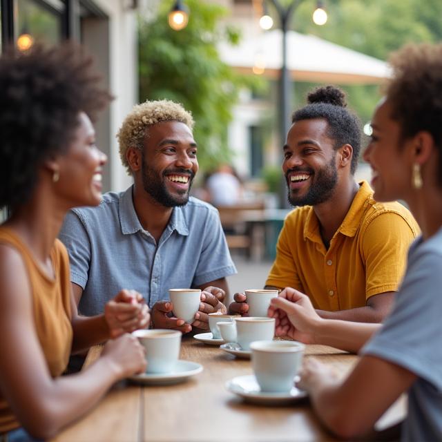 Customers smiling and chatting over coffee at an outdoor table.