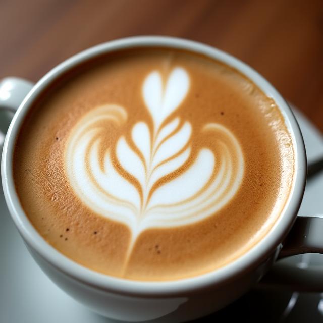 A beautiful and intricate latte art design in a ceramic cup.
