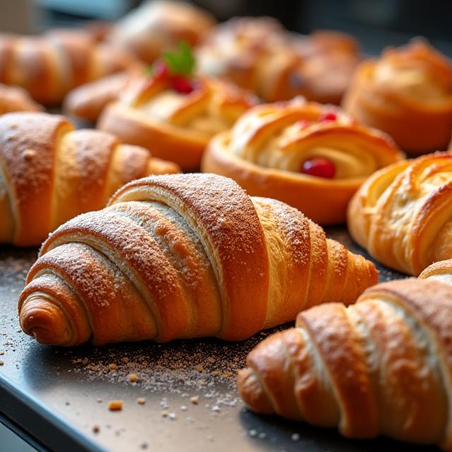 A tempting display of freshly baked croissants and danishes.