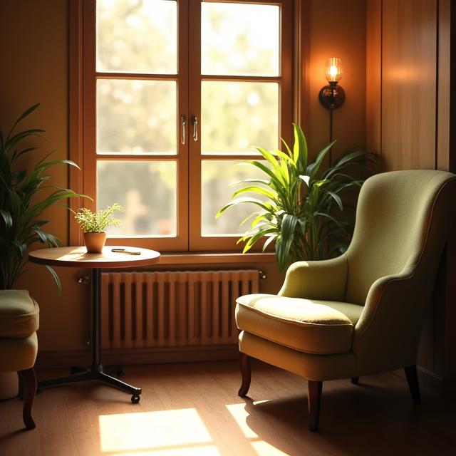 A quiet, sunlit corner of the cafe with comfortable seating.